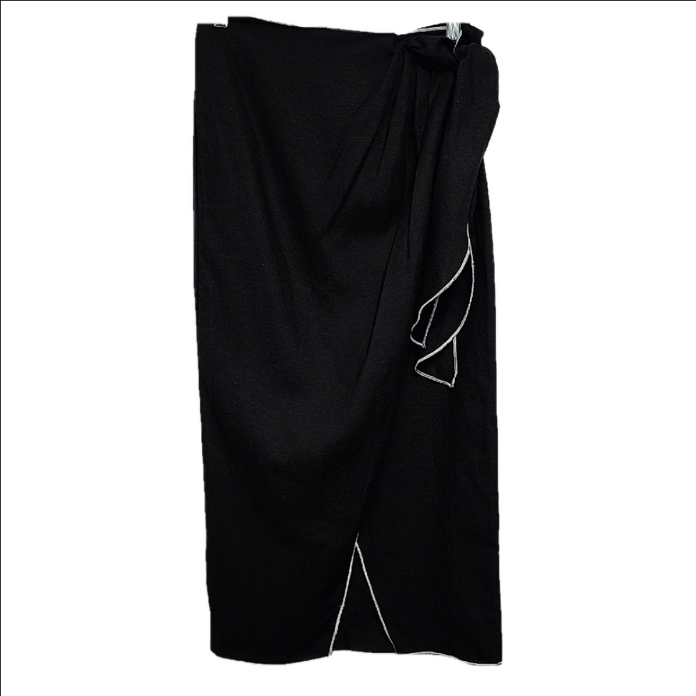 NWT H&M Black Linen white trim wrap midi pencil skirt